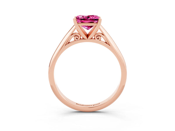 Rose gold Princess Cut Pink Sapphire Solitaire Engagement Ring with Cathedral Setting and Four-Prong Mount