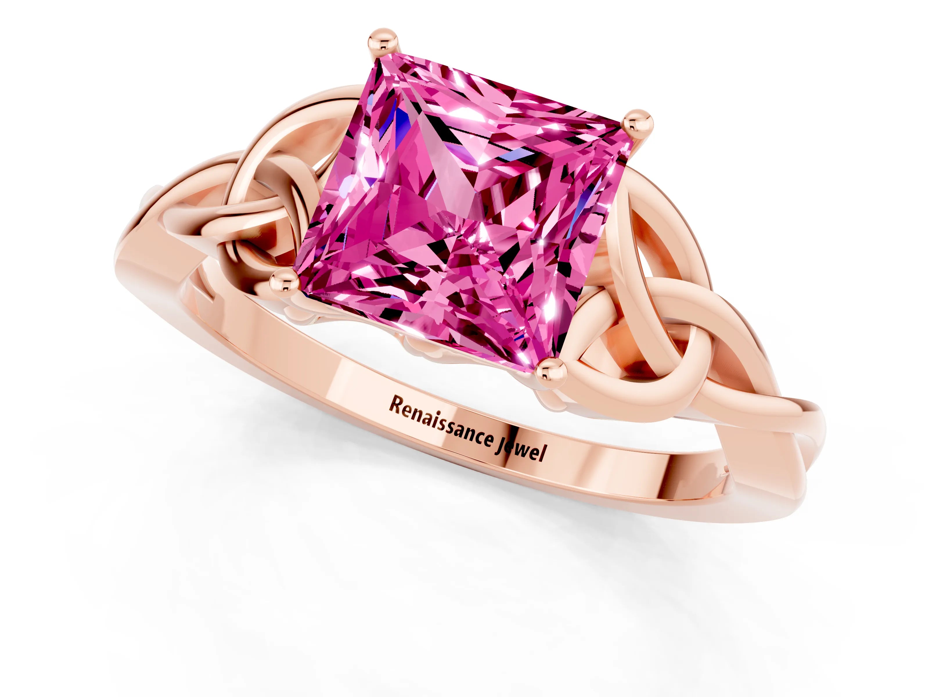 Rose gold Princess Cut Pink Sapphire Solitaire Engagement Ring with Celtic Knot Band and Four-Prong Setting_25