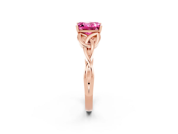 Rose gold Princess Cut Pink Sapphire Solitaire Engagement Ring with Celtic Knot Band and Four-Prong Setting