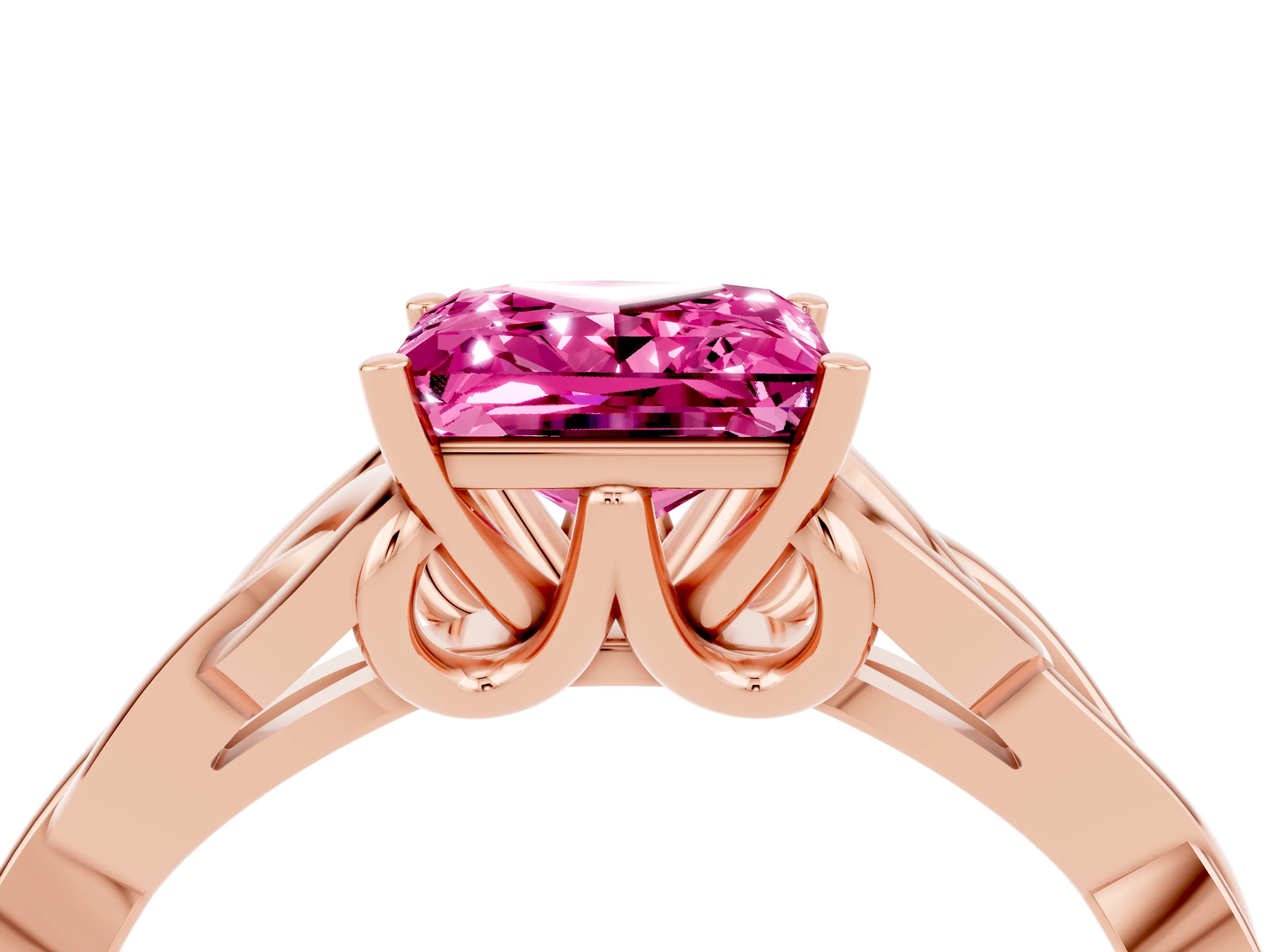 Rose gold Princess Cut Pink Sapphire Solitaire Engagement Ring with Celtic Knot Band and Four-Prong Setting_28
