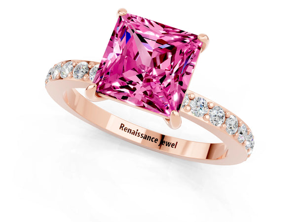 Rose gold Princess Cut Pink Sapphire Solitaire Engagement Ring with Pavé Band and Four-Prong Setting