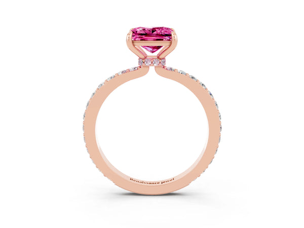 Rose gold Princess Cut Pink Sapphire Solitaire Engagement Ring with Pavé Band and Four-Prong Setting