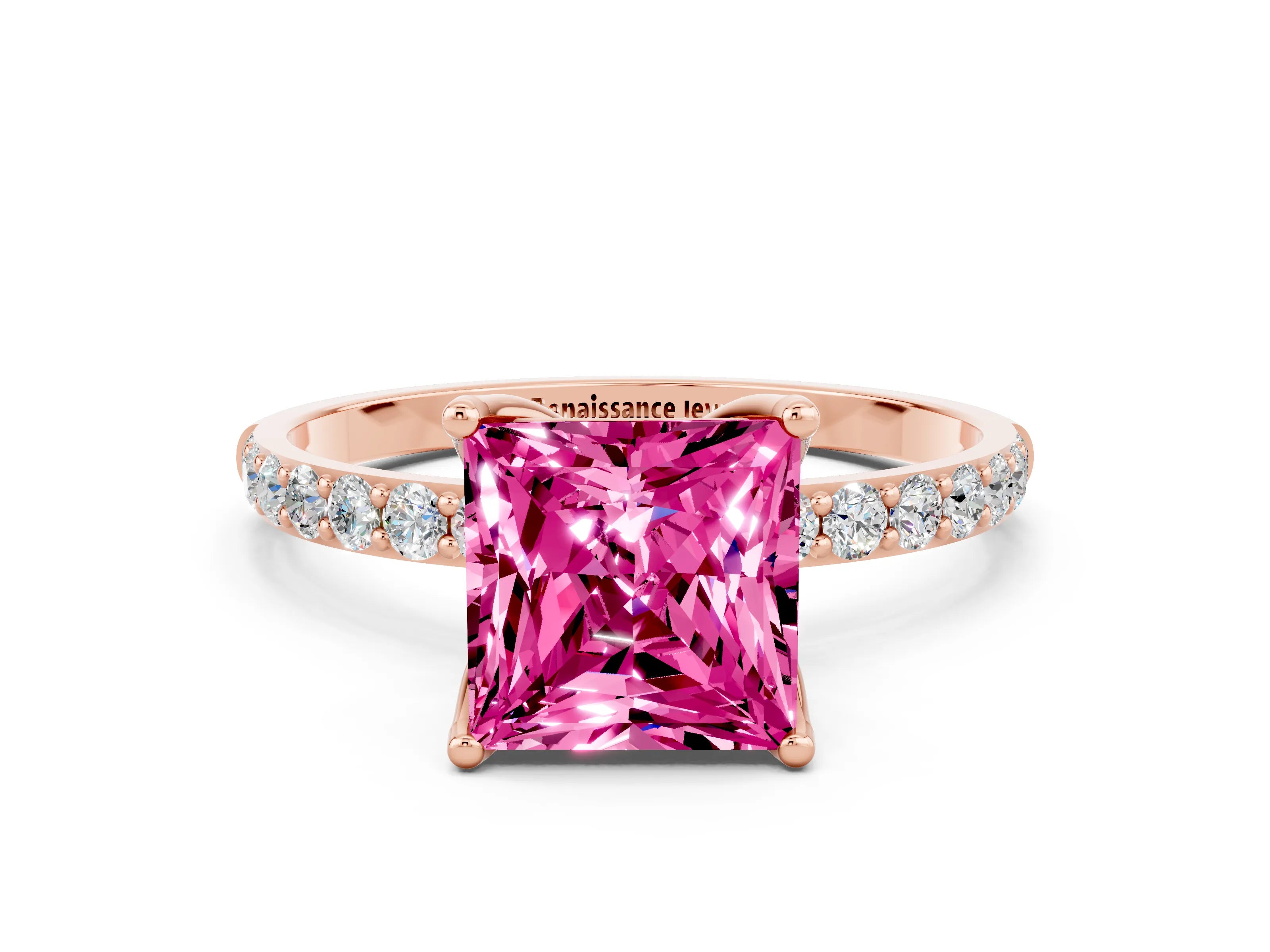 Rose gold Princess Cut Pink Sapphire Solitaire Engagement Ring with Pavé Band and Prong Setting