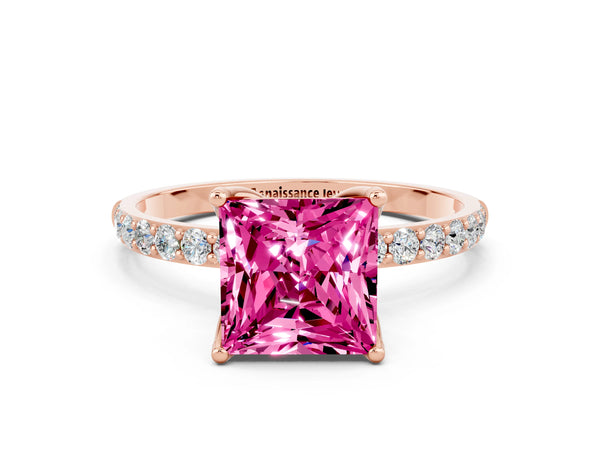 Rose gold Princess Cut Pink Sapphire Solitaire Engagement Ring with Round  Pavé Band and Prong Setting
