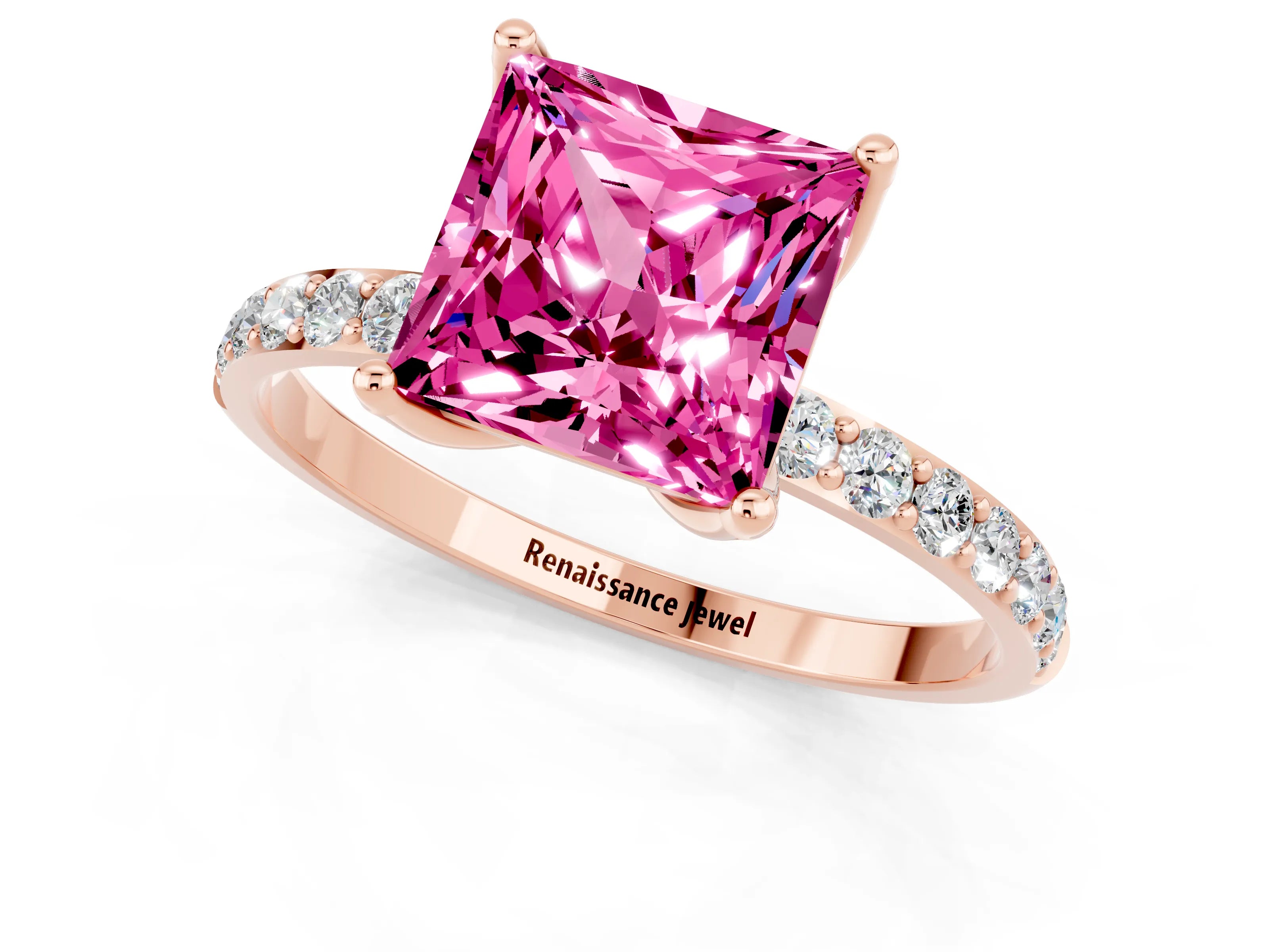 Rose gold Princess Cut Pink Sapphire Solitaire Engagement Ring with Pavé Band and Prong Setting_1
