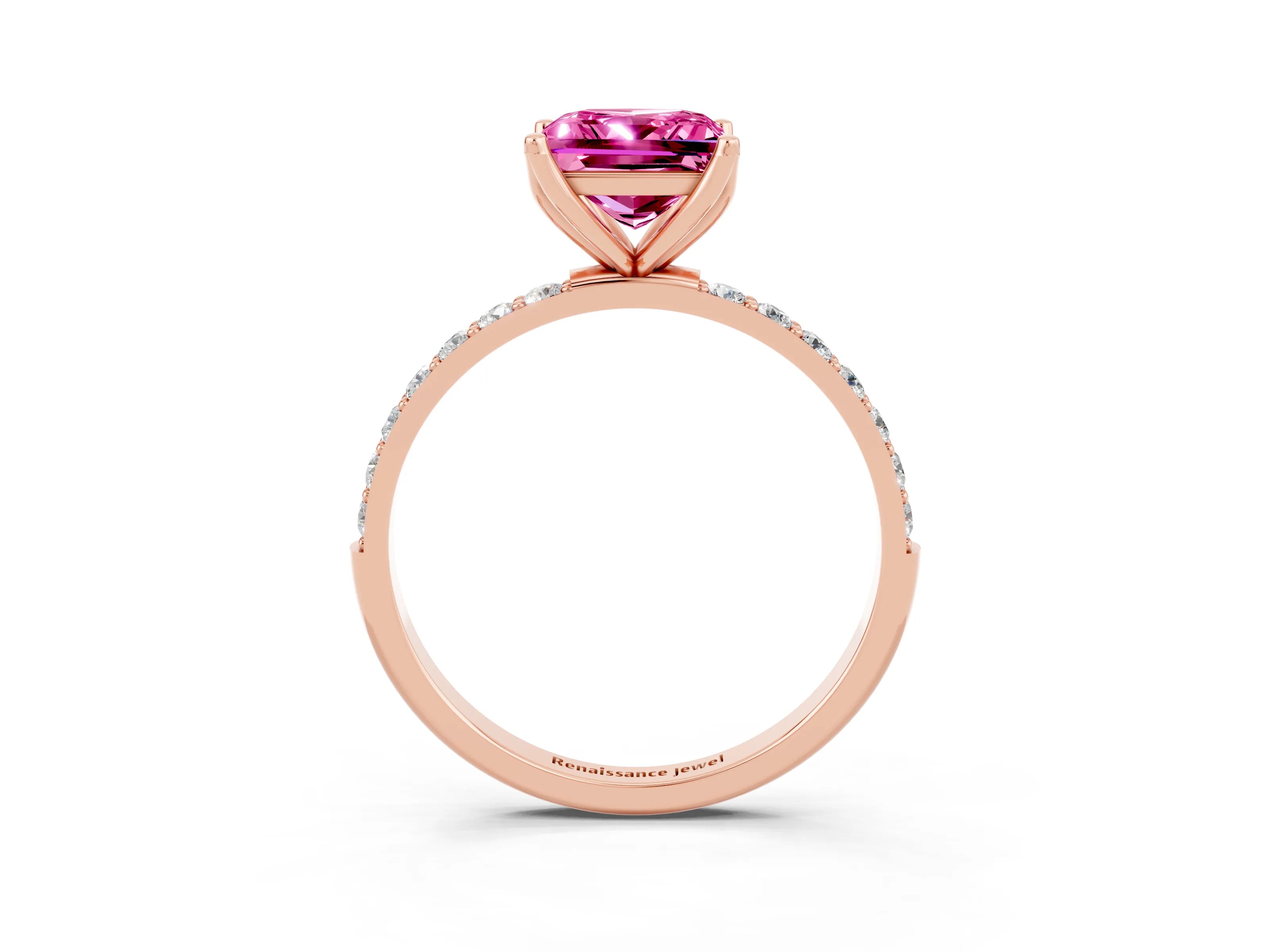 Rose gold Princess Cut Pink Sapphire Solitaire Engagement Ring with Pavé Band and Prong Setting_3