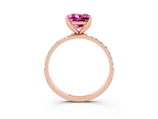 Rose gold Princess Cut Pink Sapphire Solitaire Engagement Ring with Round  Pavé Band and Prong Setting