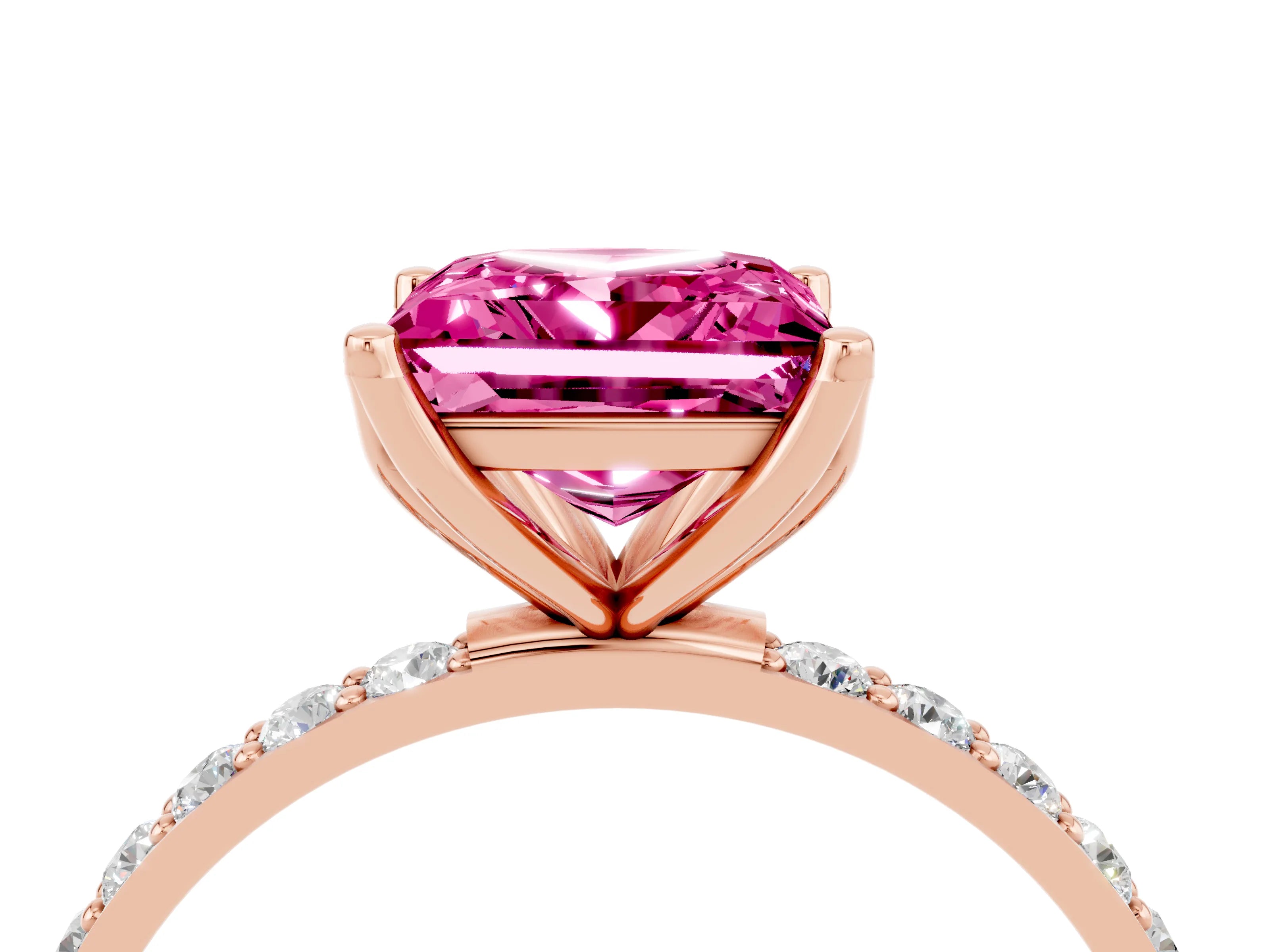 Rose gold Princess Cut Pink Sapphire Solitaire Engagement Ring with Pavé Band and Prong Setting_4
