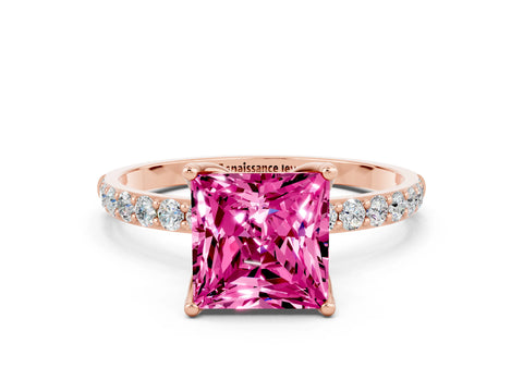Rose gold Princess Cut Pink Sapphire Solitaire Engagement Ring with Pavé Band and Prong Setting