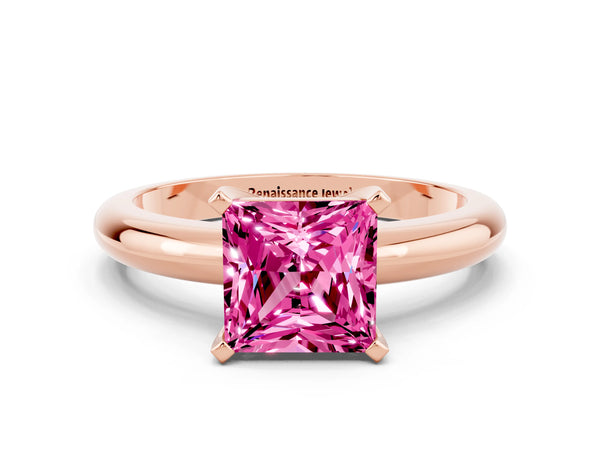 Rose gold Princess Cut Pink Sapphire Solitaire Engagement Ring with Round Band and Four-Prong Setting