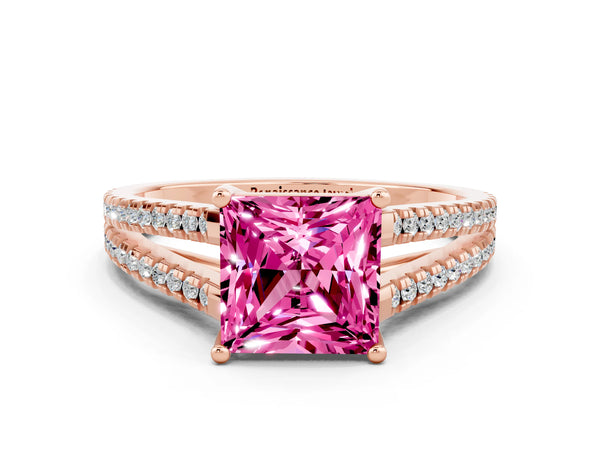 Rose gold Princess Cut Pink Sapphire Solitaire Engagement Ring with Split Shank Pavé Band