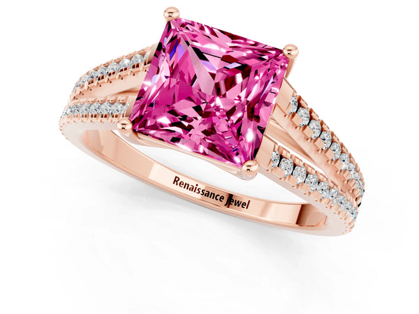 Rose gold Princess Cut Pink Sapphire Solitaire Engagement Ring with Split Shank Pavé Band