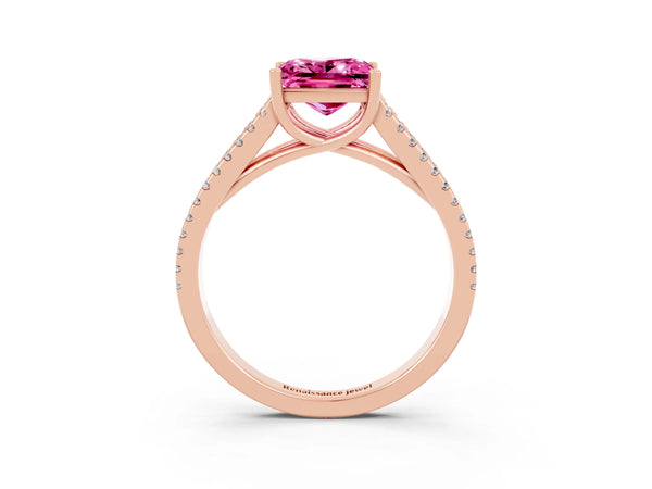 Rose gold Princess Cut Pink Sapphire Solitaire Engagement Ring with Split Shank Pavé Band