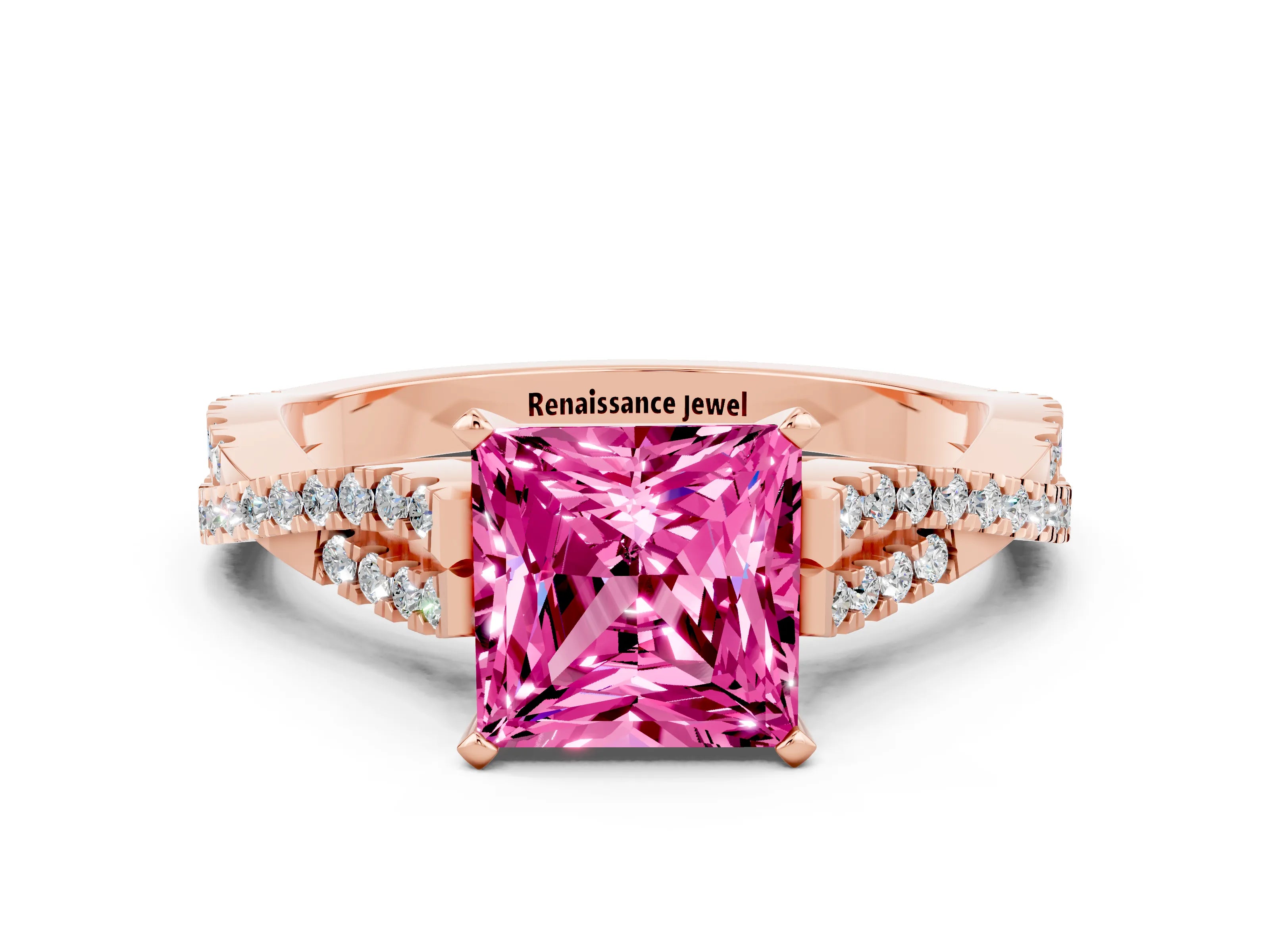 Rose gold Princess Cut Pink Sapphire Solitaire Engagement Ring with Twisted Pavé Band and Four-Prong Setting_24