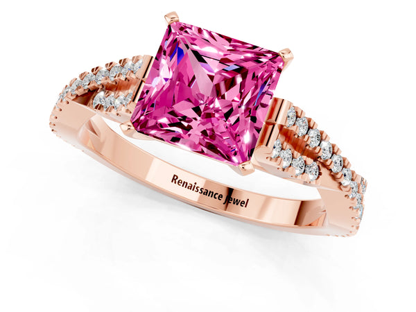 Rose gold Princess Cut Pink Sapphire Solitaire Engagement Ring with Twisted Pavé Band and Four-Prong Setting