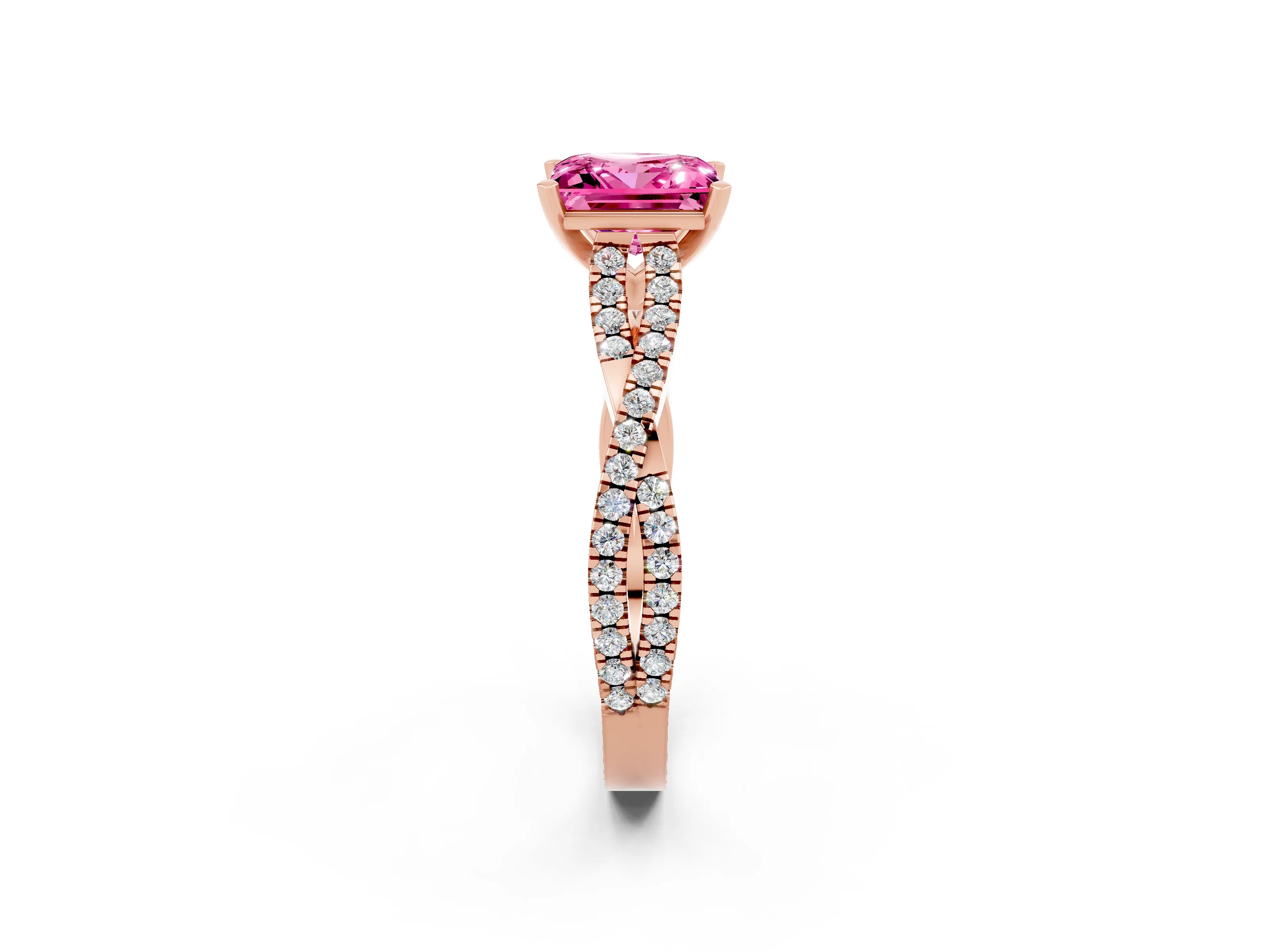 Rose gold Princess Cut Pink Sapphire Solitaire Engagement Ring with Twisted Pavé Band and Four-Prong Setting_26