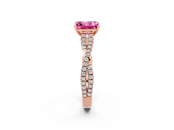 Rose gold Princess Cut Pink Sapphire Solitaire Engagement Ring with Twisted Pavé Band and Four-Prong Setting
