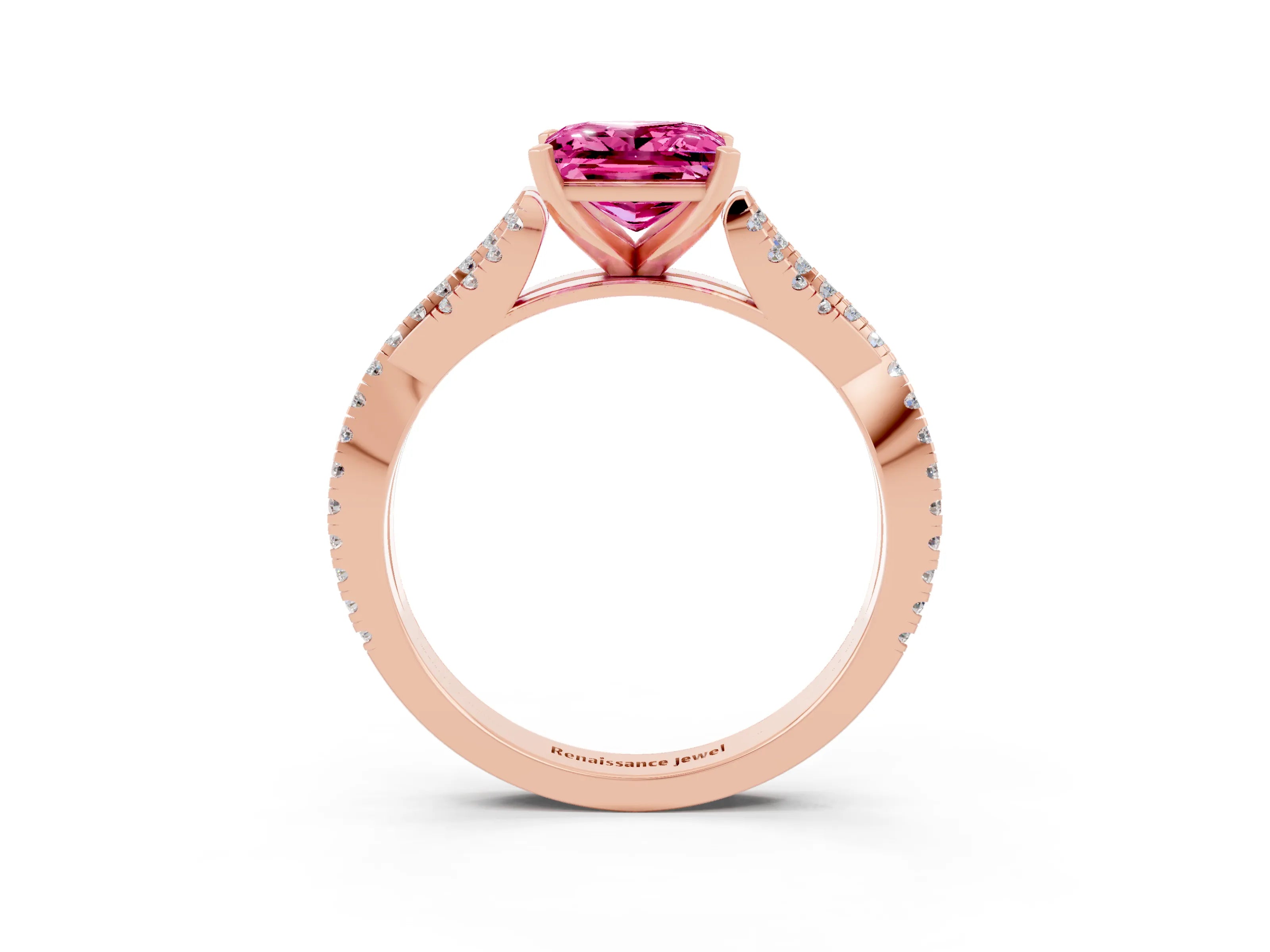 Rose gold Princess Cut Pink Sapphire Solitaire Engagement Ring with Twisted Pavé Band and Four-Prong Setting_27