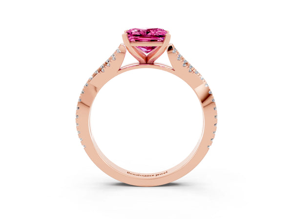 Rose gold Princess Cut Pink Sapphire Solitaire Engagement Ring with Twisted Pavé Band and Four-Prong Setting