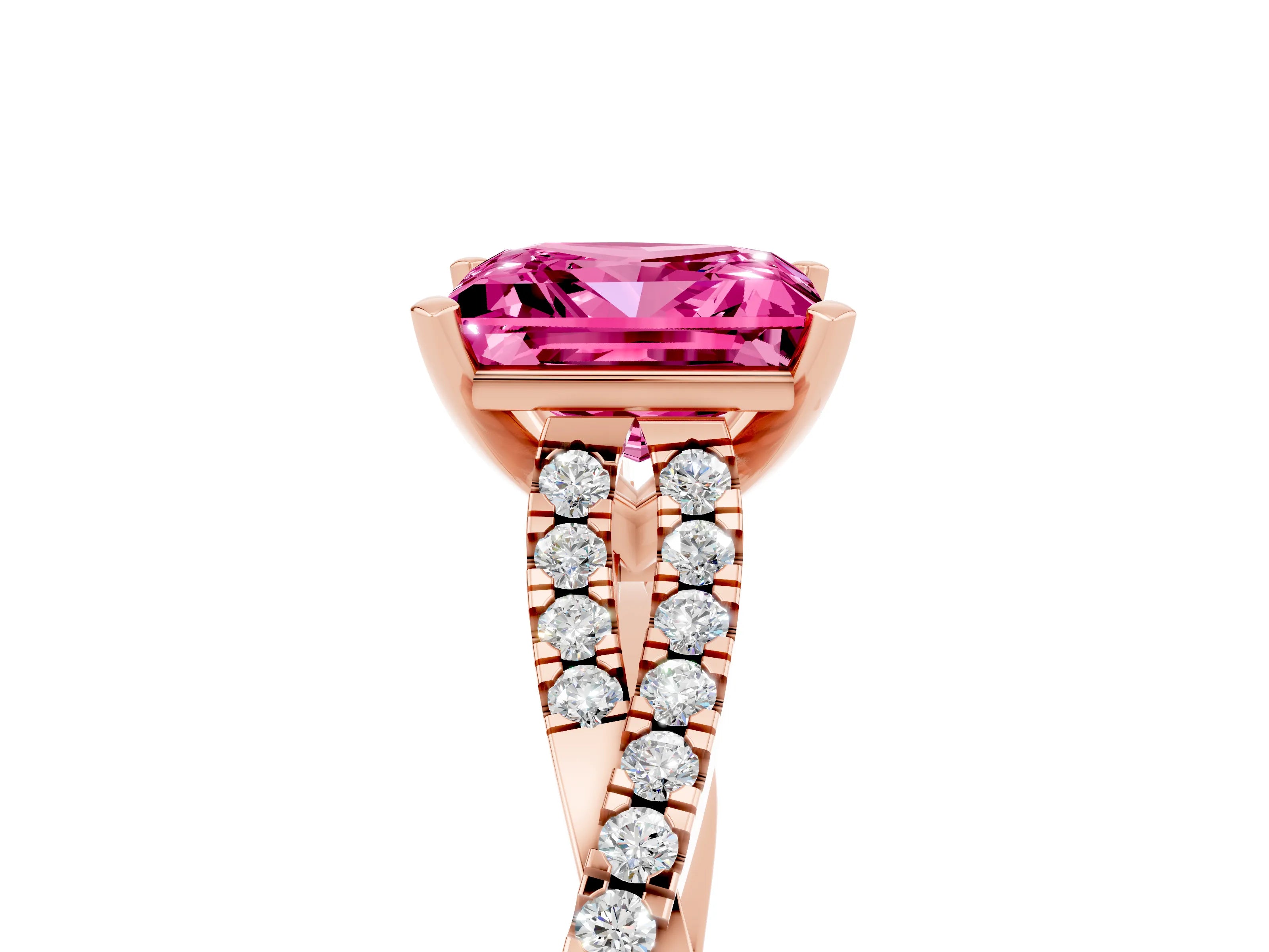 Rose gold Princess Cut Pink Sapphire Solitaire Engagement Ring with Twisted Pavé Band and Four-Prong Setting_29