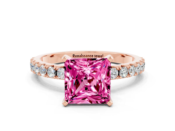 Rose gold Princess Cut Pink Sapphire Solitaire Pavé Band with Four-Prong Setting
