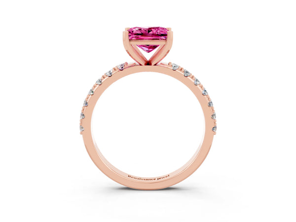 Rose gold Princess Cut Pink Sapphire Solitaire Pavé Band with Four-Prong Setting