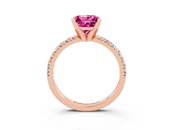 Rose gold Princess Cut Pink Sapphire Solitaire Pavé Engagement Ring with Round Band and Prong Setting
