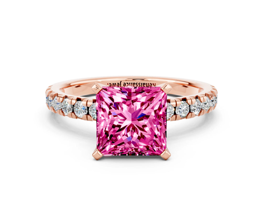 Rose gold Princess Cut Pink Sapphire Solitaire Pavé Engagement Ring with Round Band and Prong Setting_72