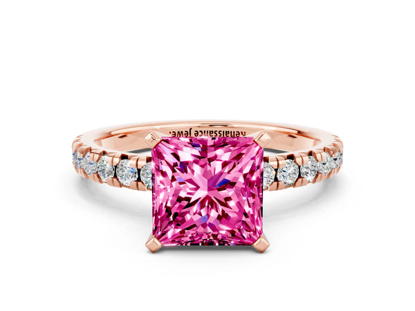 Rose gold Princess Cut Pink Sapphire Solitaire Pavé Engagement Ring with Round Band and Prong Setting