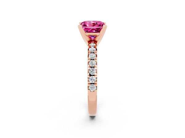 Rose gold Princess Cut Pink Sapphire Solitaire Pavé Engagement Ring with Round Band and Prong Setting