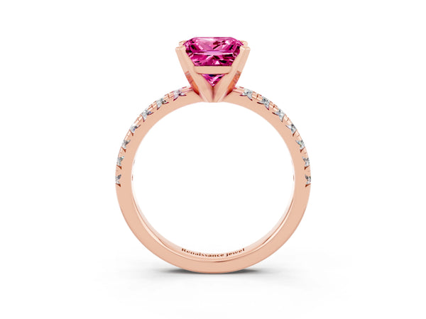 Rose gold Princess Cut Pink Sapphire Solitaire Pavé Engagement Ring with Round Band and Prong Setting