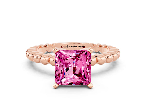 Rose gold Princess Cut Pink Sapphire Solitaire Ring with Beaded Band and Prong Setting