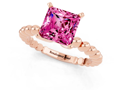 Rose gold Princess Cut Pink Sapphire Solitaire Ring with Beaded Band and Prong Setting_1