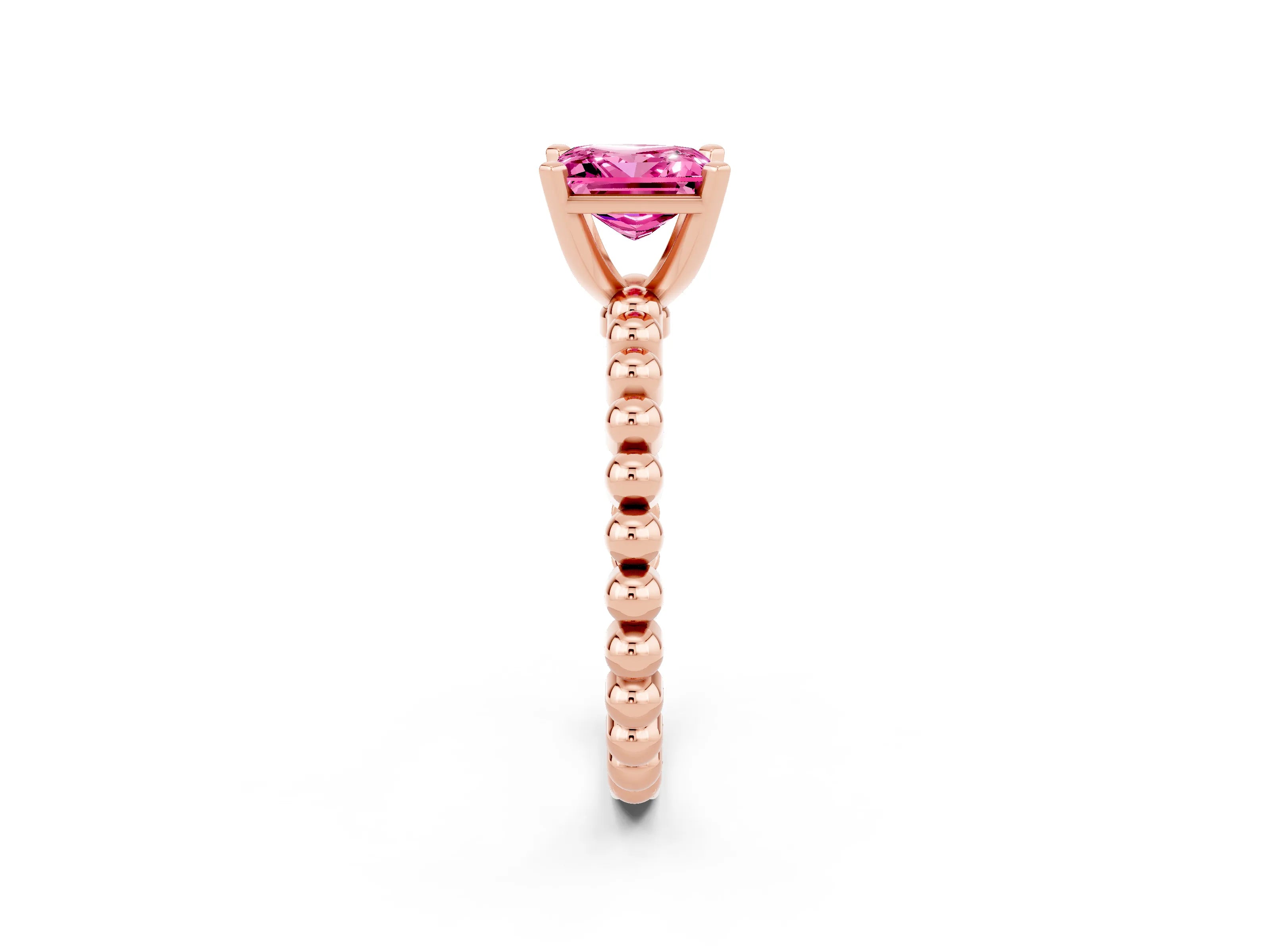 Rose gold Princess Cut Pink Sapphire Solitaire Ring with Beaded Band and Prong Setting_2