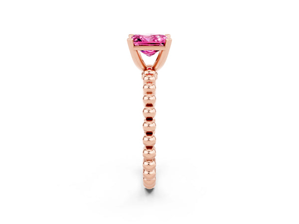 Rose gold Princess Cut Pink Sapphire Solitaire Ring with Beaded Band and Prong Setting
