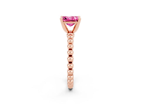 Rose gold Princess Cut Pink Sapphire Solitaire Ring with Beaded Band and Prong Setting_2