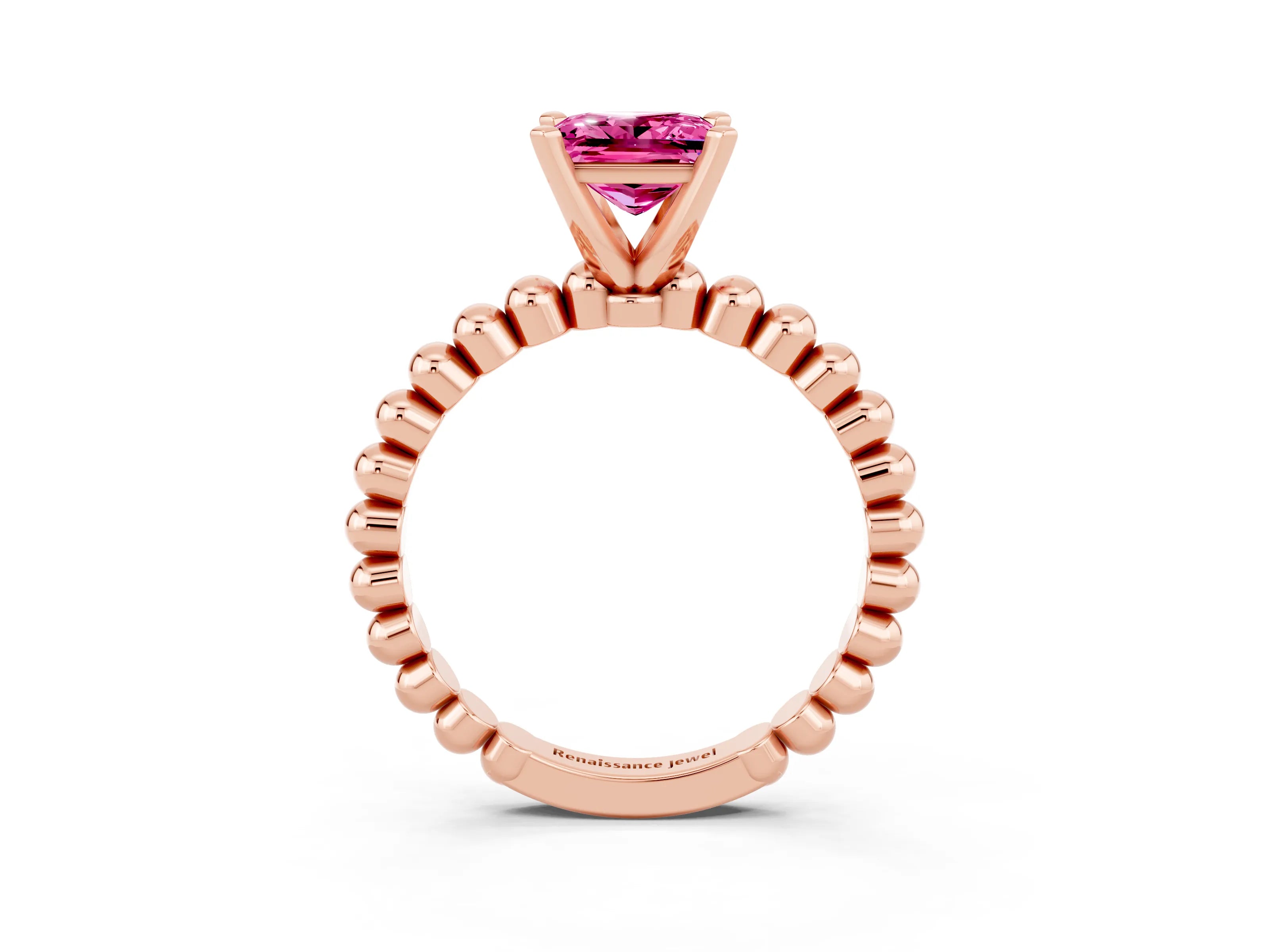 Rose gold Princess Cut Pink Sapphire Solitaire Ring with Beaded Band and Prong Setting_3