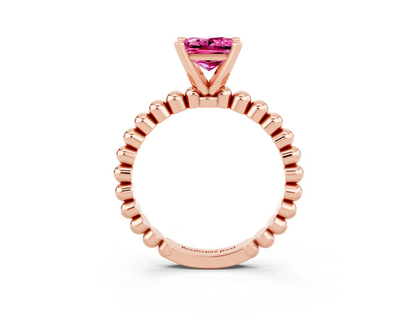 Rose gold Princess Cut Pink Sapphire Solitaire Ring with Beaded Band and Prong Setting