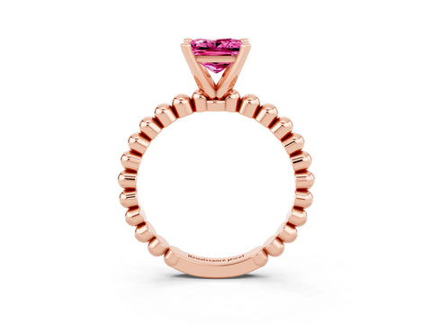 Rose gold Princess Cut Pink Sapphire Solitaire Ring with Beaded Band and Prong Setting_3