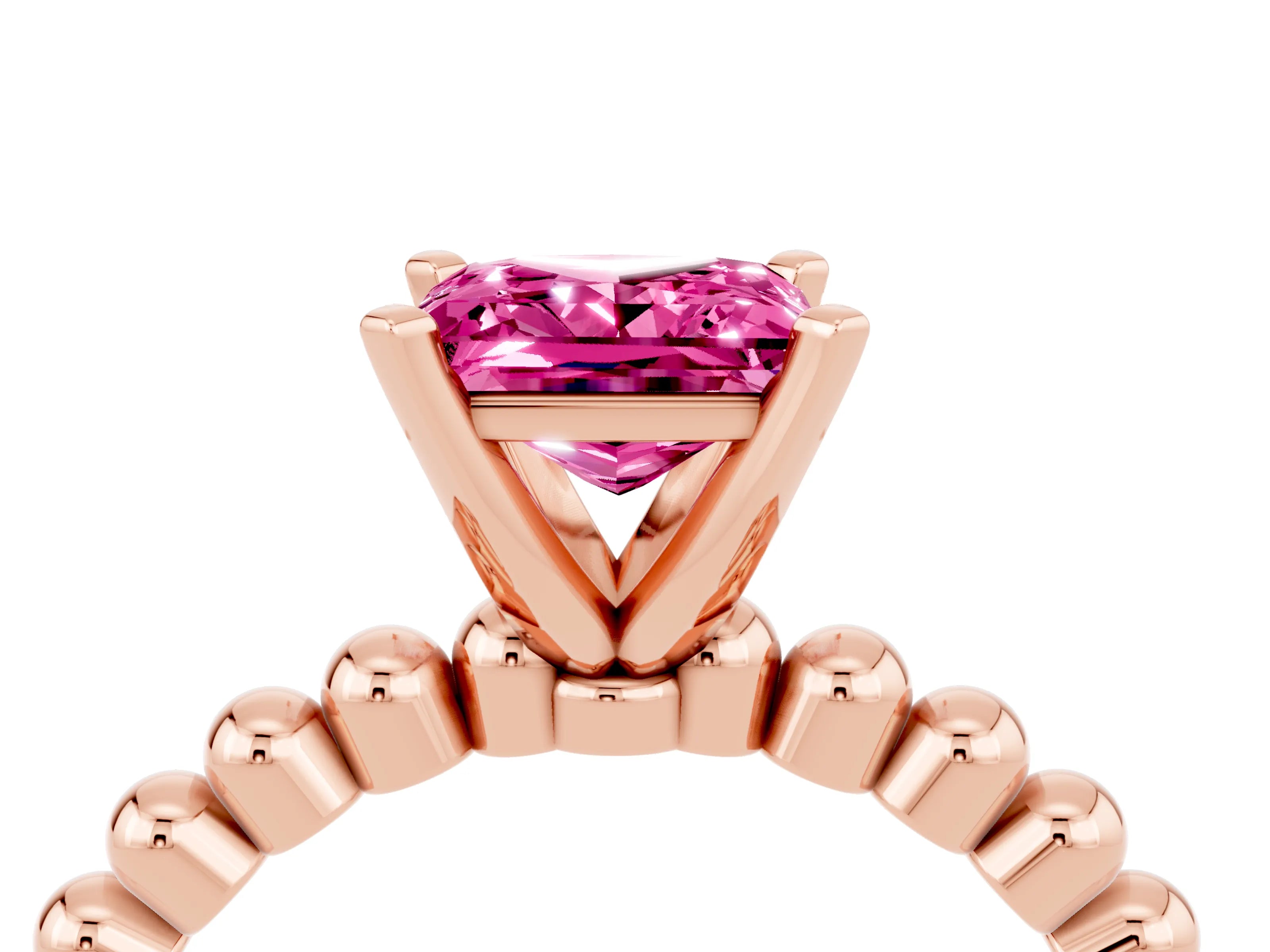 Rose gold Princess Cut Pink Sapphire Solitaire Ring with Beaded Band and Prong Setting_4