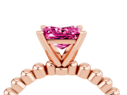 Rose gold Princess Cut Pink Sapphire Solitaire Ring with Beaded Band and Prong Setting_4
