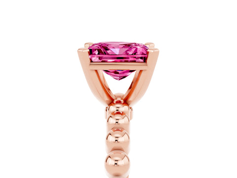 Rose gold Princess Cut Pink Sapphire Solitaire Ring with Beaded Band and Prong Setting_5