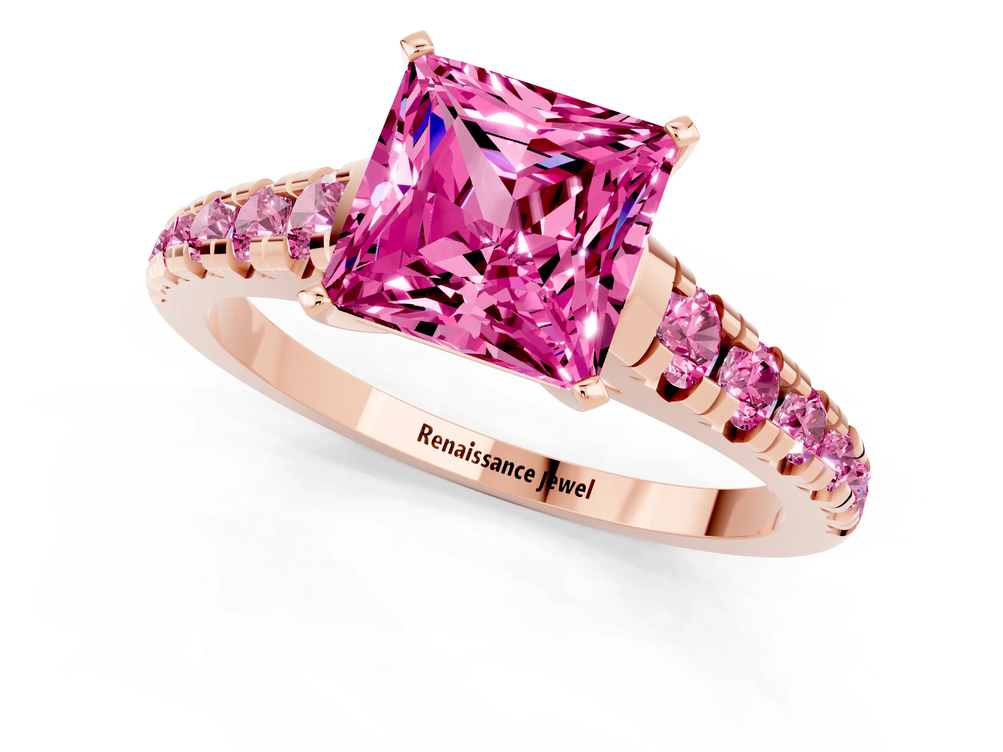 Rose gold Princess Cut Pink Sapphire Solitaire Ring with Cathedral Setting and Pavé Band_1