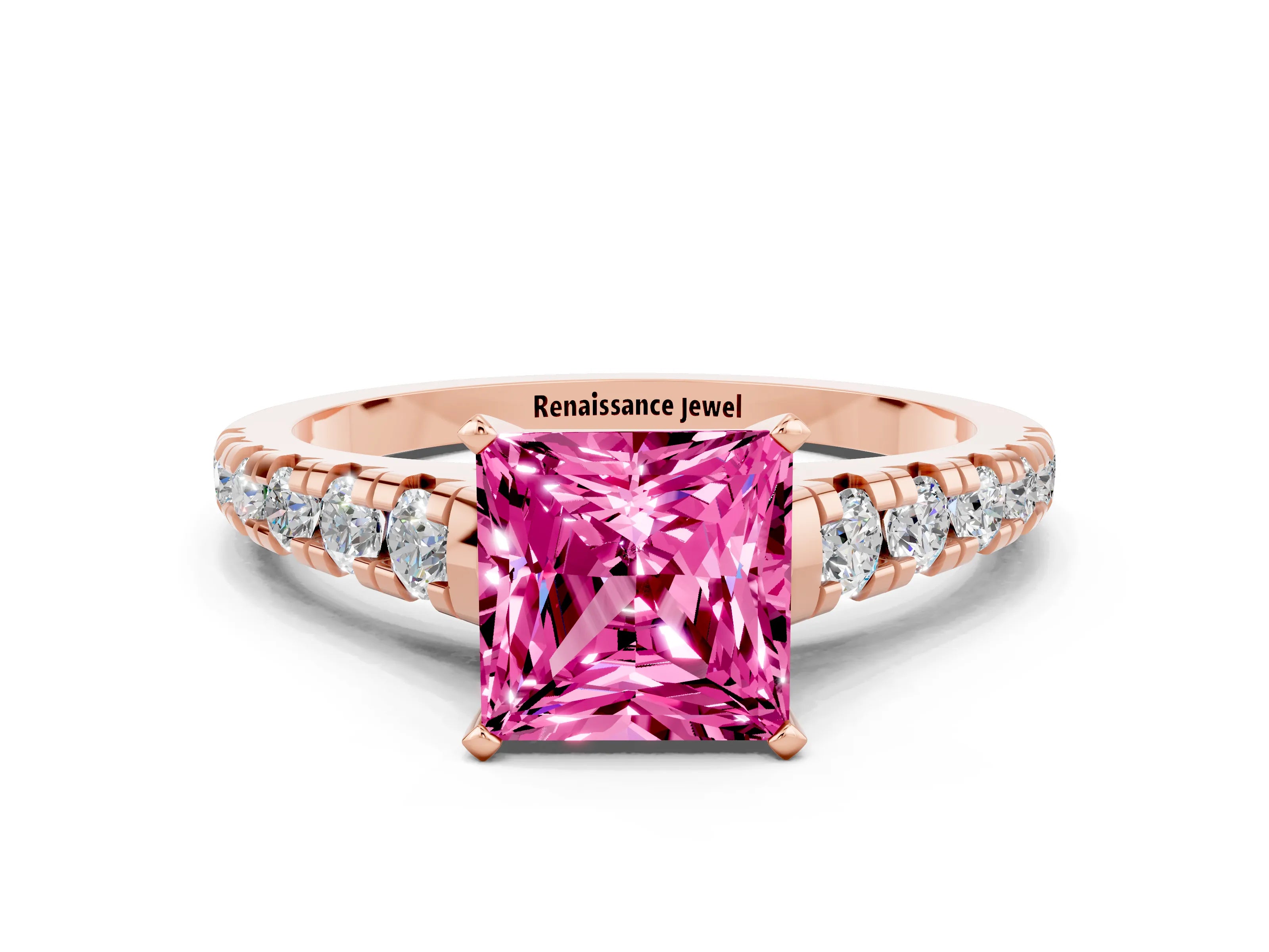 Rose gold Princess Cut Pink Sapphire Solitaire Ring with Cathedral Setting and Pavé Band_24