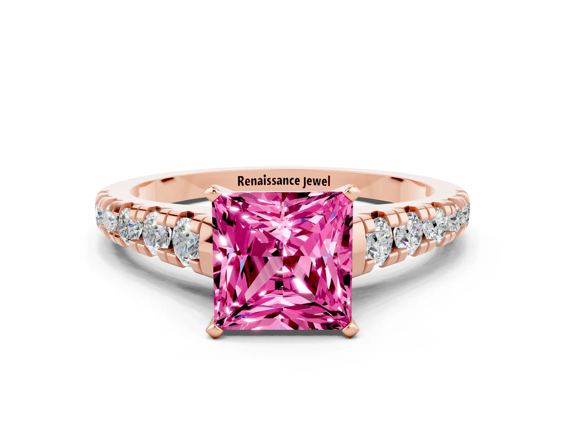 Rose gold Princess Cut Pink Sapphire Solitaire Ring with Cathedral Setting and Pavé Band_24