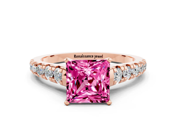 Rose gold Princess Cut Pink Sapphire Cathedral Solitaire Ring with Round  Pavé Band