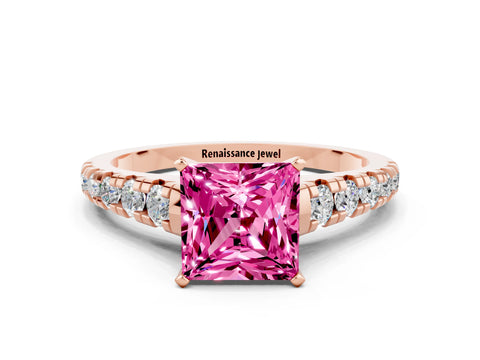 Rose gold Princess Cut Pink Sapphire Solitaire Ring with Cathedral Setting and Pavé Band_24