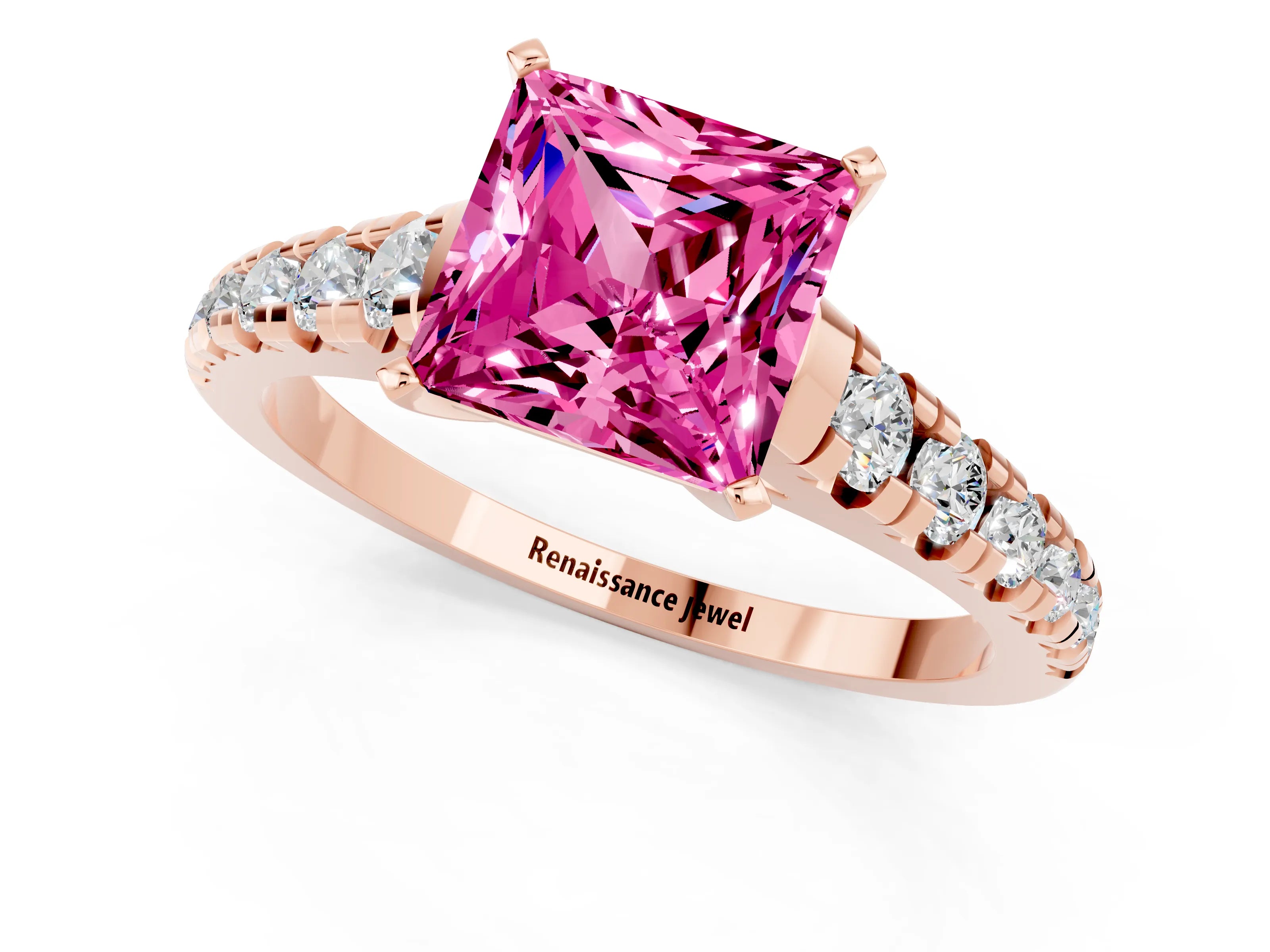 Rose gold Princess Cut Pink Sapphire Solitaire Ring with Cathedral Setting and Pavé Band_25