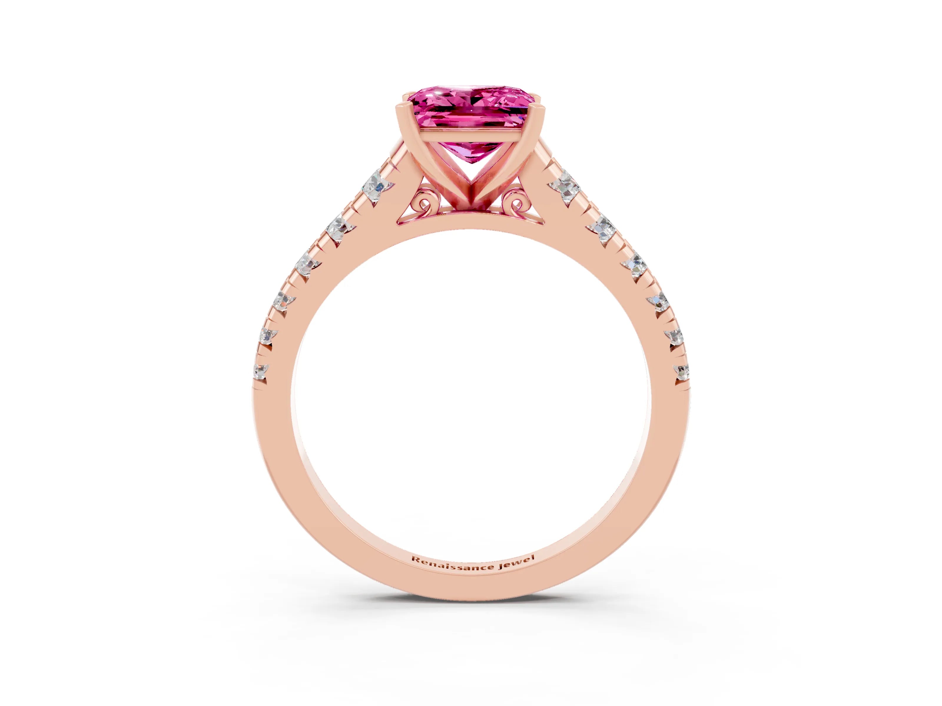 Rose gold Princess Cut Pink Sapphire Solitaire Ring with Cathedral Setting and Pavé Band_27
