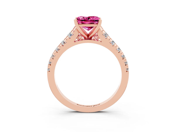 Rose gold Princess Cut Pink Sapphire Cathedral Solitaire Ring with Round  Pavé Band